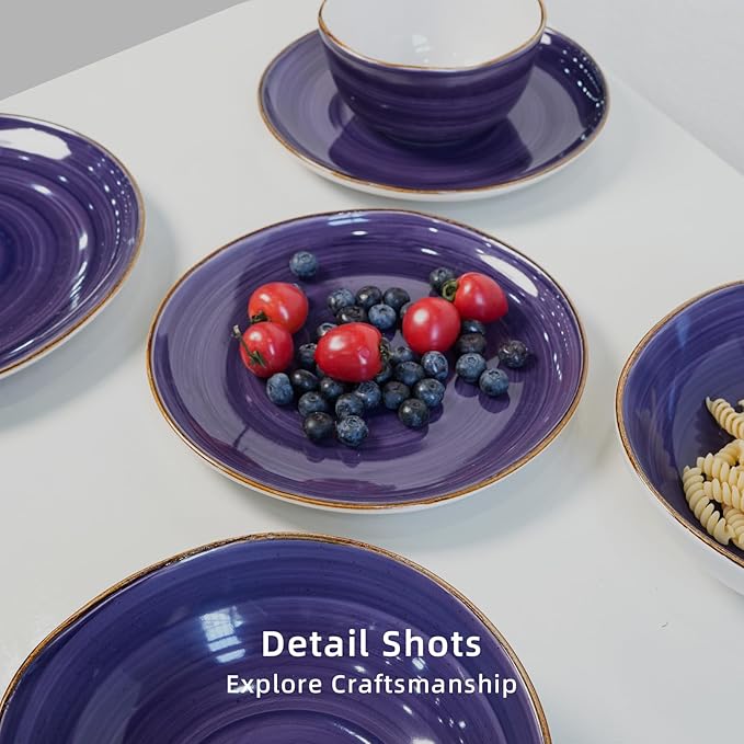 Highland 16-Piece Dinnerware Set Service for 4, Organic Shape Stoneware Plates and Bowls Set, Scratch Resistant, Microwave and Dishwasher Safe, Speckled Effect Handcrafted, Swirl Purple