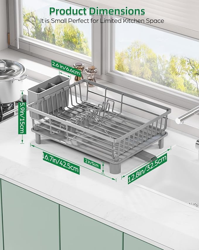 Dish Drying Rack, Stainless Steel Drainer Rack with Drainboard with Smart Drainage System, Space Saving Dish Strainer for Kitchen Counter with Cutlery Holder, Grey