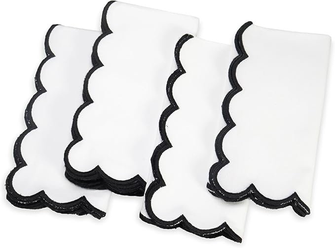 PurpleEssences Scalloped Embroidery Cloth Napkins Christmas Holiday Winter Table Decor 100% Cotton Set of 4-18 x 18 inch - White - Edges - Black