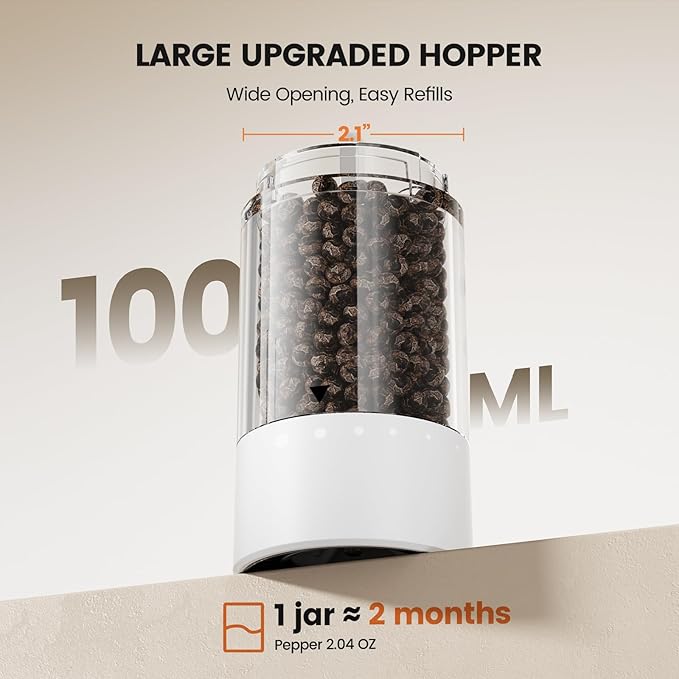 Electric Salt and Pepper Grinder Set - Rechargeable Automatic Salt and Pepper Shakers, Kitchen Appliances with External Adjustable Coarseness, Larger Hopper for Cooking, Home Gifts(2 Pack,White/White)