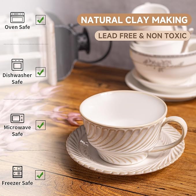 Ceramic Latte Cup with Saucer, 12 OZ Cappuccino Cup Vintage Cafe Art Cups for Espresso Turkish Coffee, Farmhouse Latte Mugs Tea Cups and Saucers Porcelain Set for Baristas Great Gift