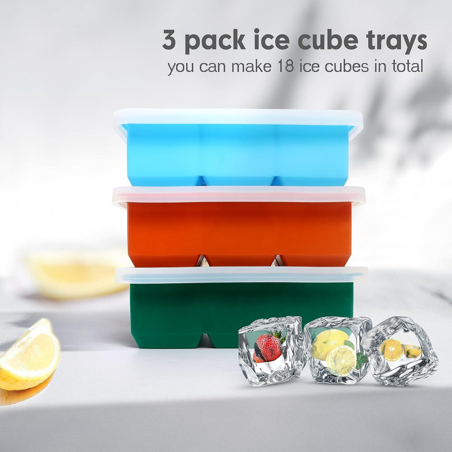 Silicone Ice Cube Trays 3 Pack - Large Size Silicone Ice Cube Molds with Leak Proof Removable Lid Square Ice Cube Tray And BPA Free for Cocktail,Whiskey, Stackable Flexible Ice