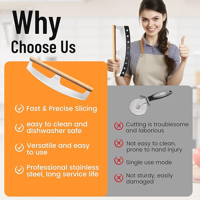 Pizza Cutter Rocker with Wooden Handles & Protective Cover by Zocy, 16" Sharp Stainless Steel Pizza Slicer Wheel, Big Pizza Knife Cutters for Kitchen Tool (16inch)