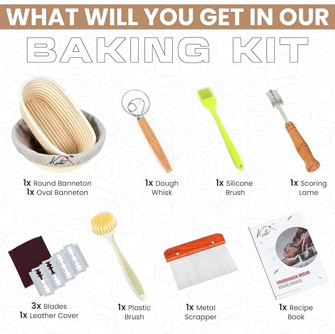 Banneton Bread Proofing Basket Set by Kutir - 9 Inch Round & 10 Inch Oval Sourdough Baskets with Linen Liner, Bread Lame, Dough Scraper - Baking Kit for Artisan Bread Making