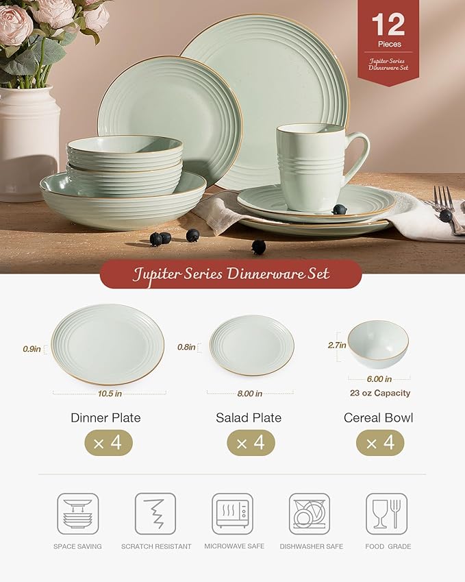 Famiware Jupiter Dinnerware Set, Plates and Bowls Dish Sets for 4 (12 Pieces), Microwave and Dishwasher Safe Stoneware Speckled Tableware, Chip and Scratch Resistant, Light Green