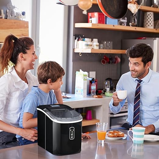Euhomy Ice Maker Countertop, 26 lbs/24H, 9 Cubes Ready in 6 Mins, Self-Cleaning, Compact Potable Ice Maker with Ice Scoop and Basket for Home/Kitchen/Office.(Black)