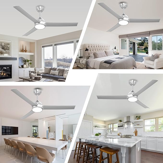 52 Inch Modern Silver Ceiling Fan with Lights Remote Control, Quiet DC Motor/Dimmable 3 Color LED/6 Speed High CFM/3 Blade Indoor Ceiling Fans for Bedroom/Living Room