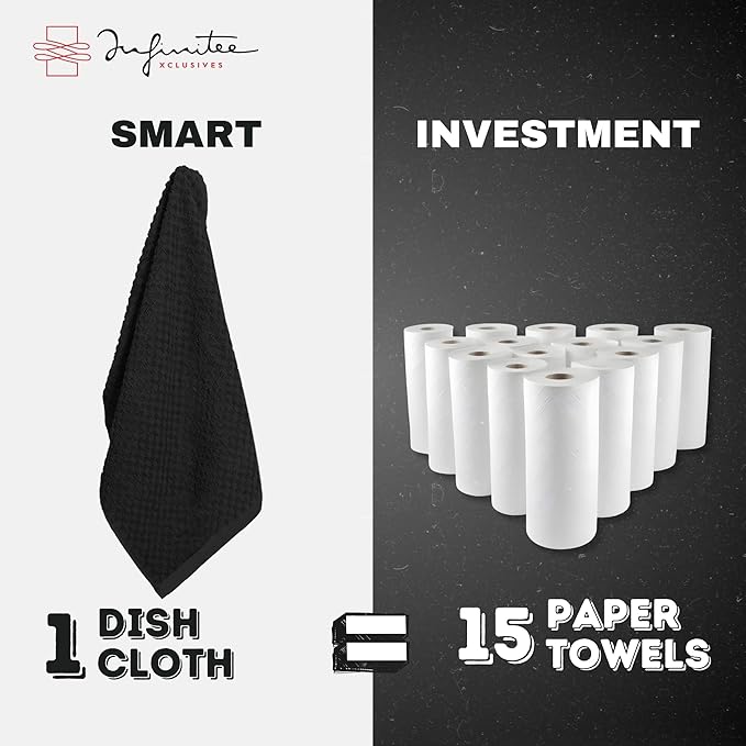 Infinitee Xclusives Premium Dish Cloth 100% Cotton 12 x 12 Inches |Pack of 4| - Ultra Soft Tea Towels - Highly Absorbent Kitchen Rags - Terry Dishcloth for Kitchen and Household Cleaning |Black|