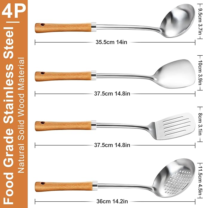 Pleafind 4-Pcs Cooking Utensils Set, Stainless Steel Kitchen Utensils with Wooden Hanlde, Kitchen Essentials Set Include Wok Ladle, Slotted Spoon, Wok Spatula and Slotted Spatula, Dishwasher Safe