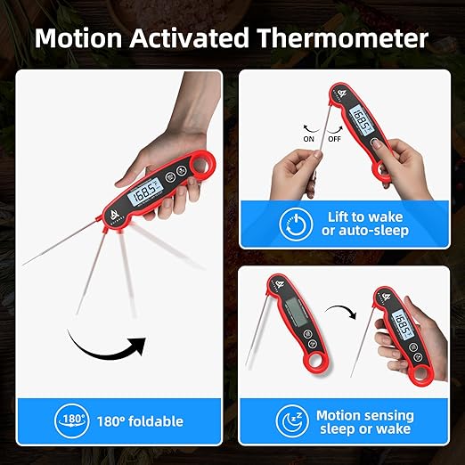 Aurasky Instant-Read Meat Thermometer Digital for Cooking and Grilling, Waterproof Food Thermometer with Backlight, Calibration & Hold Function for Kitchen, BBQ, Deep Fry, Candy, Liquid (Red)