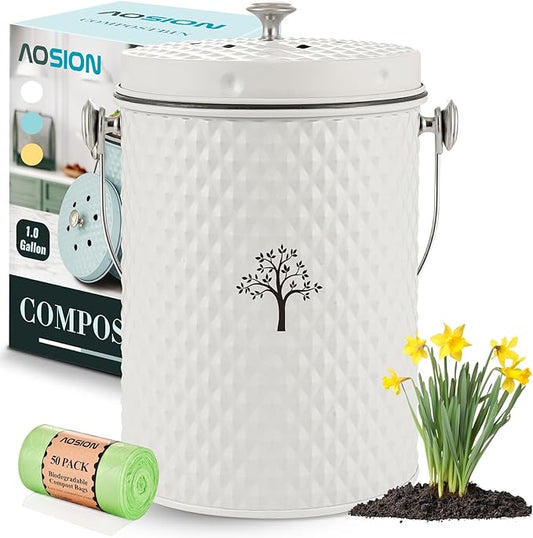 AOSION Countertop Compost Bin Kitchen,Odorless Indoor Compost Bin with Lid and Compost Bags,Compost Bucket Composter Container for Food Waste,Creamy White