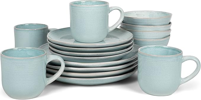Elanze Designs Reactive Glaze Farmhouse Rustic Boho Ceramic Stoneware Dinnerware 16 Piece Plate Bowl Mug Dish Set - Service for 4, Ice Blue