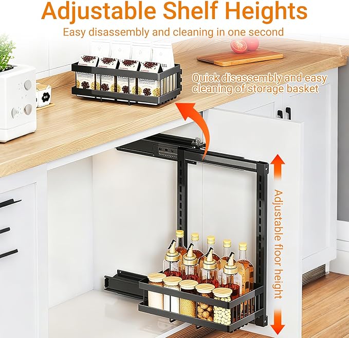Pull Out Spice Rack Organizer 2 Tier Sliding Cabinet Interior Metal Spice Drawer Adjustable & Removable, Holds Up to 20 Jars for Kitchen, Pantry, Cafe