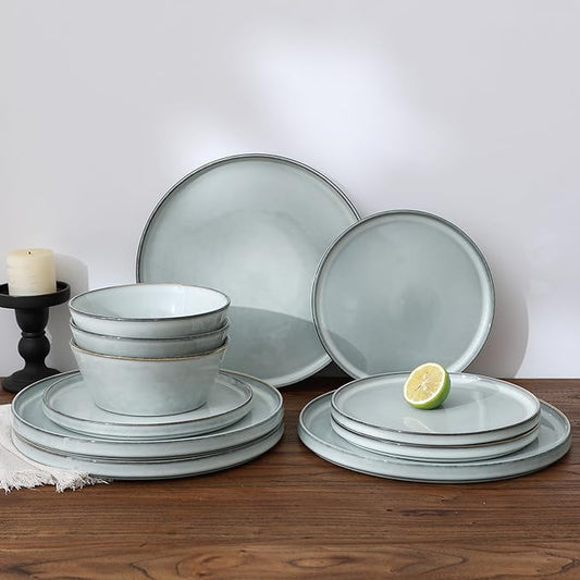 Famiware Annecy Plates and Bowls Sets, Stoneware Dinnerware Sets for 4, 12 Pieces Dish Set with Lipped Edges, Chip and Scratch Resistant, Microwave and Dishwasher Safe, Grey-Blue