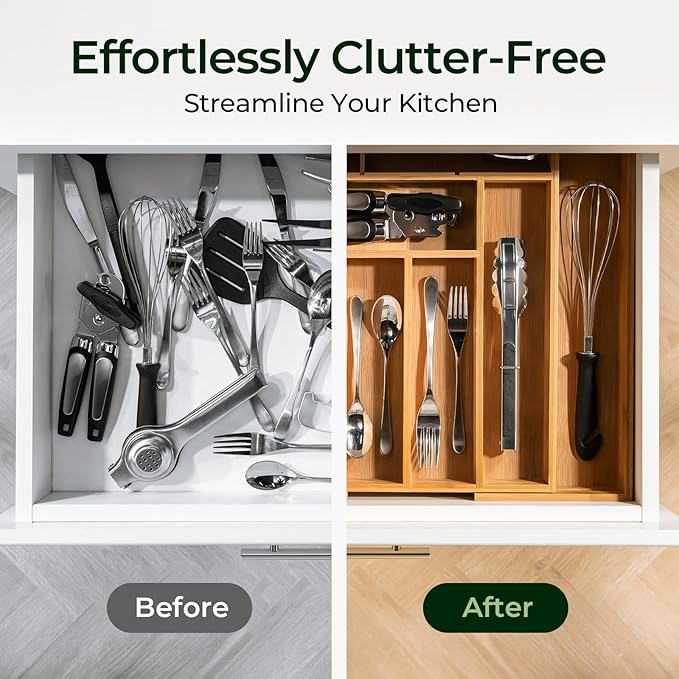 Carbonized Bamboo Kitchen Drawer Organizer, 10 Slots Expandable Silverware Organizer, Utensil Holder & Cutlery Tray, 2.2" Deep for Extra Capacity, Non-Slip Feet Included