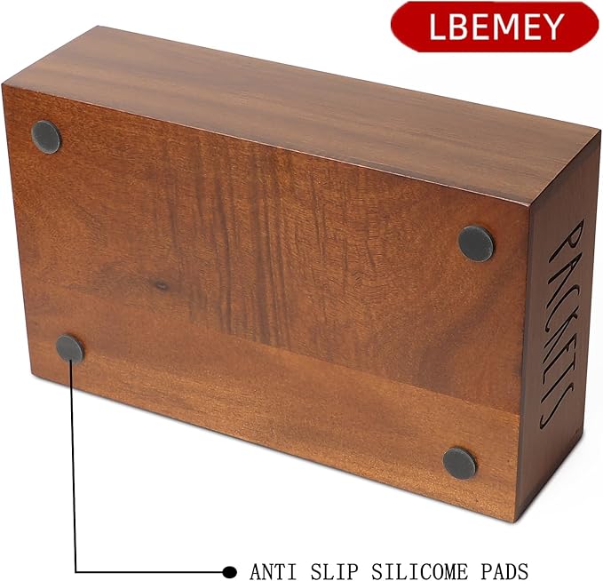 Packet Organizer, Acacia Wood Packet Storage Organizer with 3 Compartments,Farmhouse Kitchen Organization for Spice, Gravy, Taco, and Dressings Packets for Kitchen (Brown Label PACKETS)