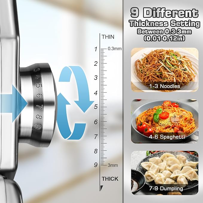 Sailnovo Pasta Maker Machine, 180 Roller Pasta Maker, 9 Adjustable Thickness Settings 2-in-1 Noodles Maker with Rollers and Cutter, Perfect for Spaghetti, Fettuccini, Lasagna or Dumpling Skin Silver