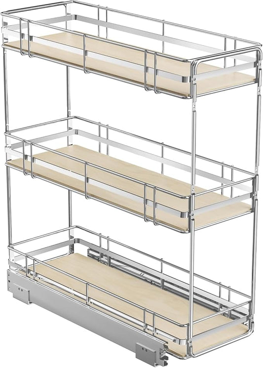 ROOMTEC 3-Tier Pull Out Cabinet Organizer Spice Rack for Narrow Cabinet 8" W x 20½" D, Slide Out Wood Shelves Storage for Kitchen