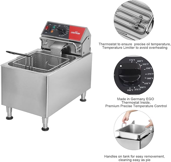 CROSSON ETL Listed 15Lbs Electric Deep Fryer with No-Assembling-Needed Solid Basket,Lid and Height Adjustable Legs for Restaurant Use,120V/1800W Commercial 8L Countertop Deep Fryer
