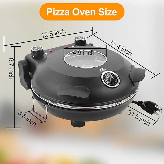 Pizza Oven Indoor, 12 Inch Retro Pizza Maker, Rapid Heating 800˚F, 1200W Glazed Ceramic Stone Electric Pizza Cooker, Two-button Precise Temperature Control, Viewing Window for Precise Cooking