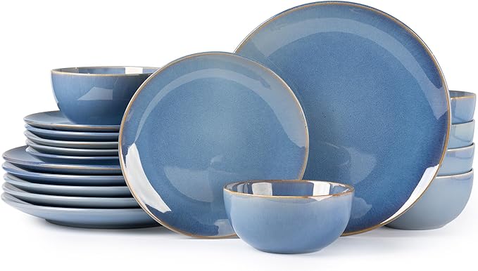 GBHOME Ceramic Dinnerware Sets for 6, 18 Pieces Stoneware Plates and Bowls Sets, Reactive Glaze Dishes -Scratch Resistant, Dishwasher&Microwave Safe-Alaskan Blue