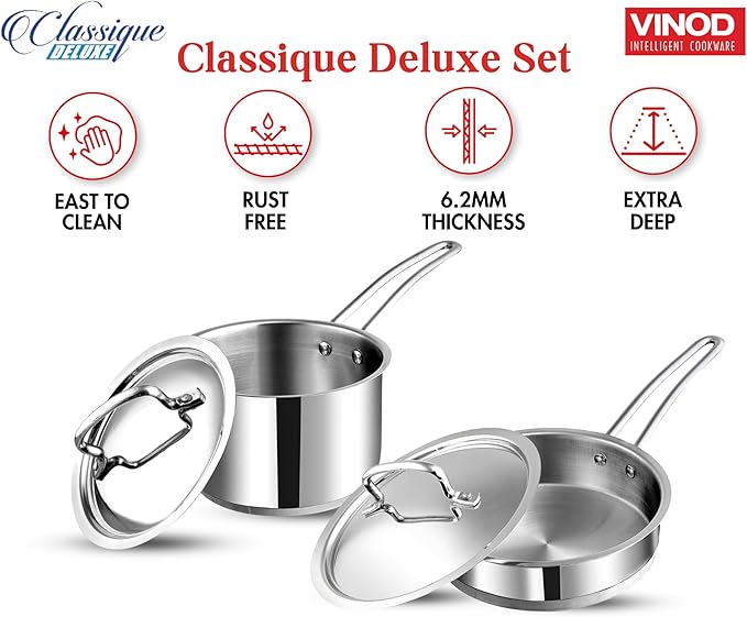 Vinod Classique Deluxe 2-Pc Stainless Steel Cookware Set – 16 cm Saucepan & 20 cm Frypan, Extra-Deep Design, Riveted Handles, Induction & Gas Compatible, Dishwasher Safe
