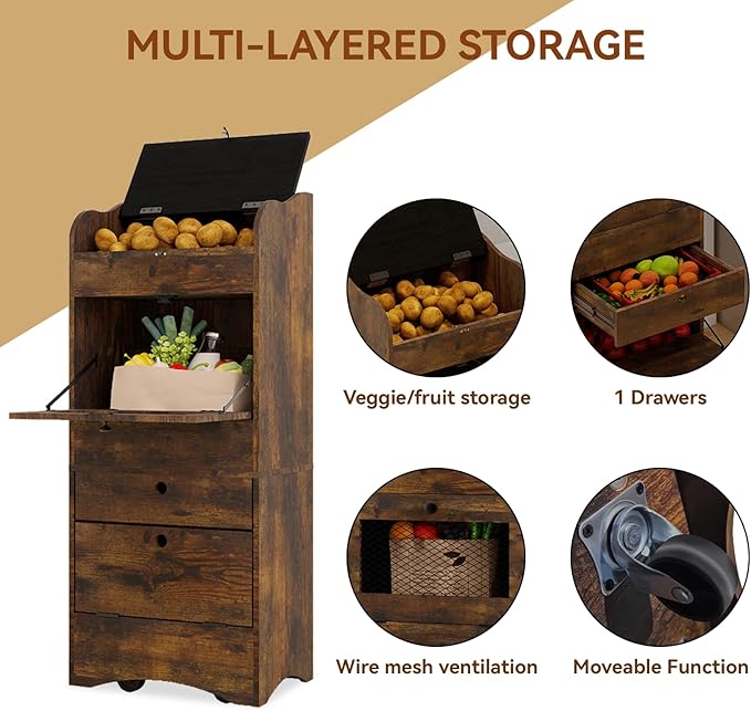ARTETHYS Potato and Onion Storage Bin with Wheels Movable Bread Box with Lid Rustic Vegetable Organization Cabinet for Kitchen