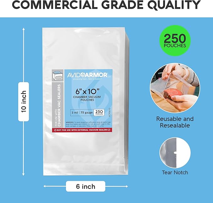 Avid Armor Chamber Vacuum Sealer Bags – Heavy Duty, BPA-Free, Pre-Cut Chamber Vacuum Bags for Food Preservation, Freezer Storage, Sous Vide and more, 250/Pack (6x10) – Multi-Use Vacuum Bags