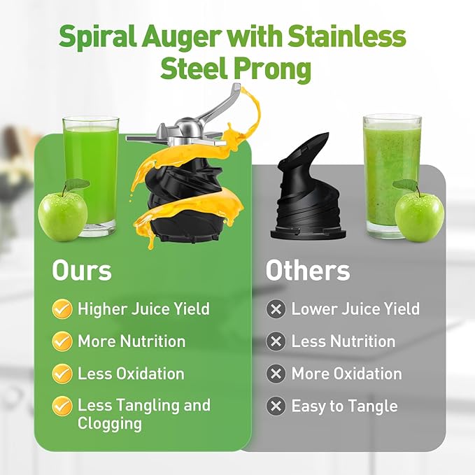 Secura Mesh Free Slow Juicer with Stainless Steel Prong Spiral Auger, Cold Press Juicer, Masticating Juicer Machines with Quiet Motor & Reverse Function for Vegetables and Fruits, White
