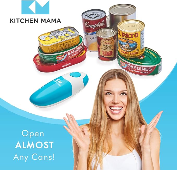 Kitchen Mama Auto Electric Can Opener: Open Your Cans with A Simple Press of Button - Automatic, Hands Free, Smooth Edge, Food-Safe, Battery Operated, YES YOU CAN (Sky Blue)