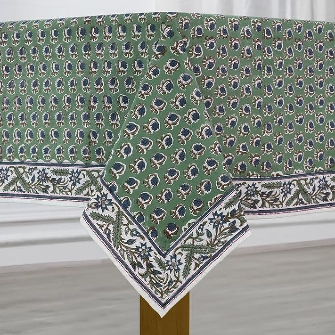 Ridhi Basil Green 80 x 120 Inches Rectangular Cotton Washable Tablecloth, Hand Block Print Floral, for Kitchen, Dining, Spring, Easter, Wedding, Birthday, Bridal