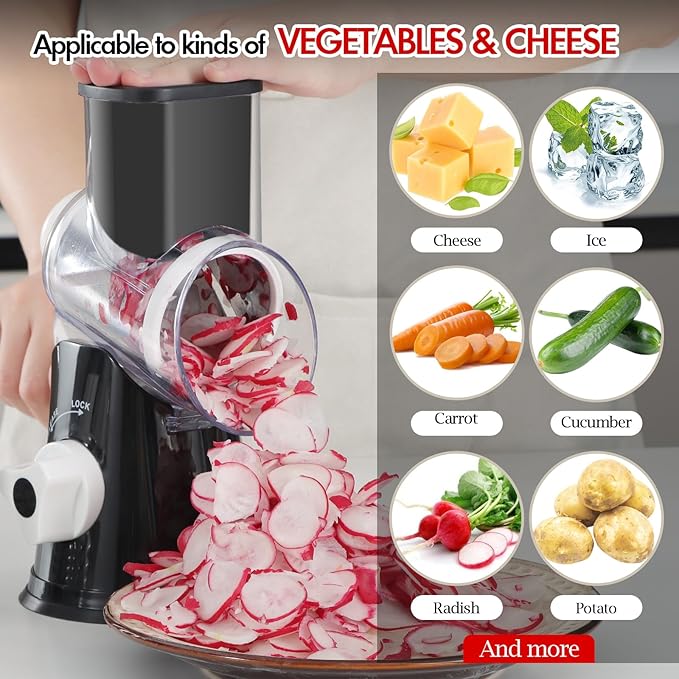 Ourokhome Rotary Cheese Grater Hand Crank, Kitchen Shredder Speed Mandolin Slicer Ice Shaver with Handle and Drum Blades for Cheese, Vegetable, Nuts, Chocolate, Potato, Carrot, 5 Blades, Black