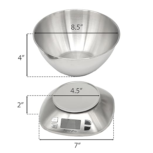 Stainless Steel Digital Kitchen Scale w. Bowl - for Food Coffee Lab - LCD Display gram Ounces lb:oz lb ml - 12 LBS/5.5 KG Capacity - Battery Included - Gold by The Display Guys