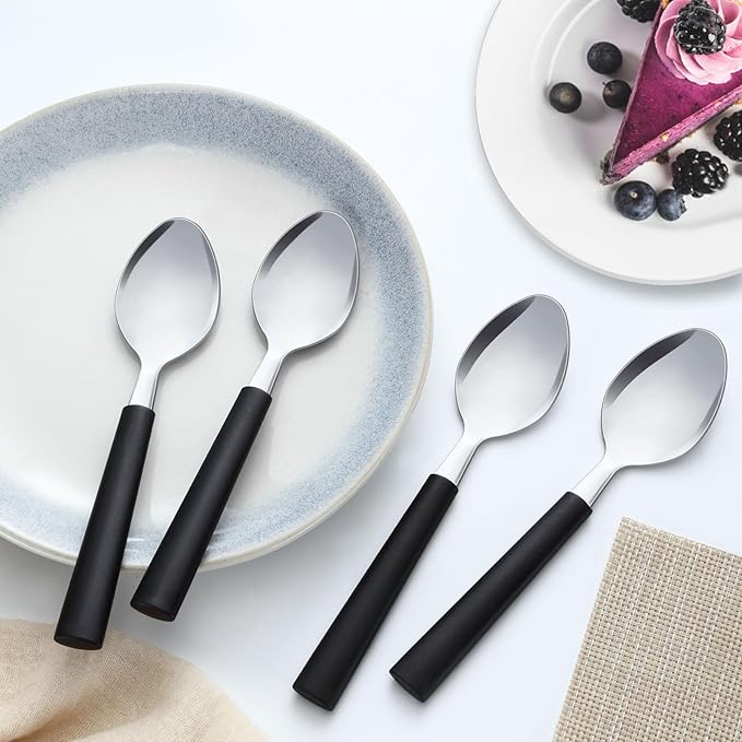 Pleafind 36Pcs Dessert Spoons Set (7.4 inches), Stainless Steel Mirror Polished Spoon with Black Frosted Handle, Spoons Silverware for Home, Kitchen, Restaurant, Dishwasher Safe