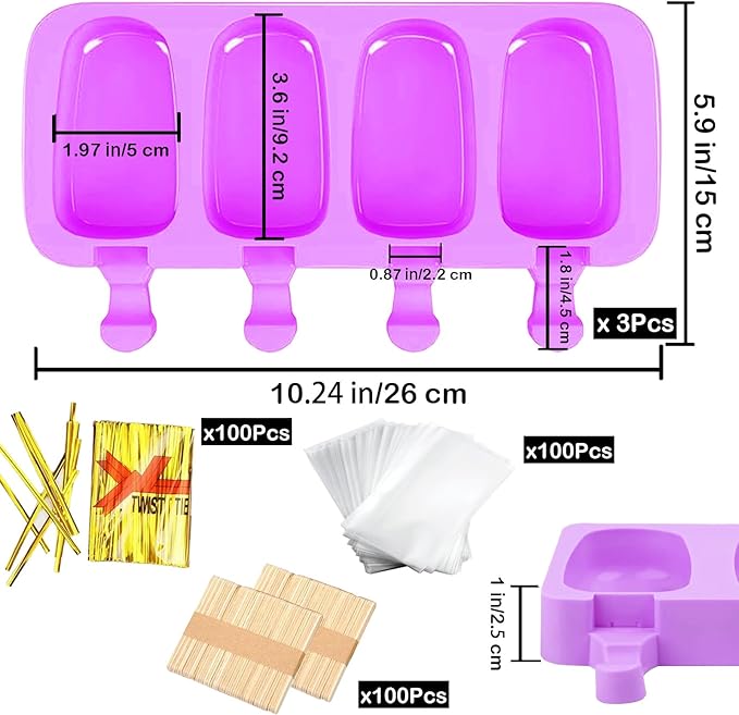 3pcs Large Silicone Popsicle Molds Set,BZIDII 4 Cavities Cake Pop Molds,Oval Ice Cream Bar Mold Ice Pop Cakesicle Molds Silicone with 100 Wooden Sticks & 100 Bags &100 Twist Ties(Purple)