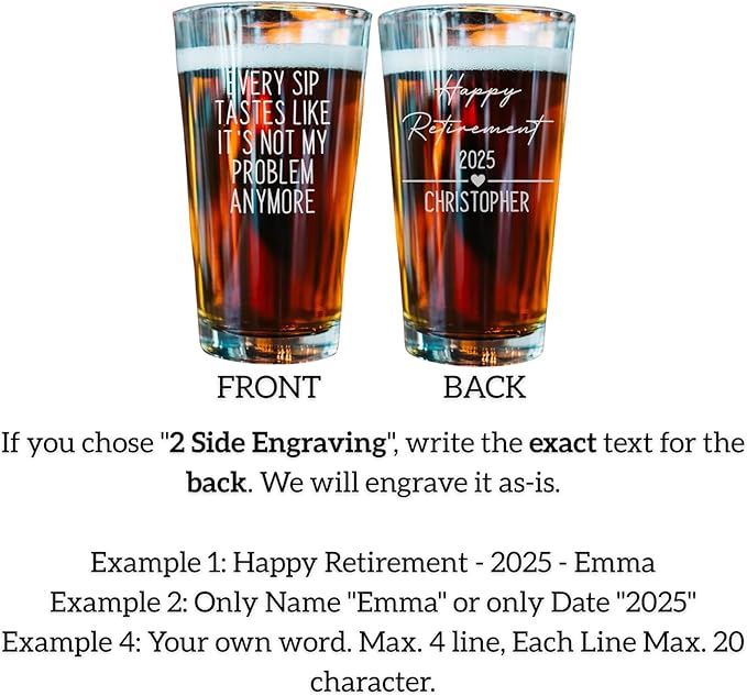 Every Sip Premium 16 oz Beer Pint Glass, Laser Engraved Beer Pint for Retirement, Custom Retirement Gifts, Lead-Free Beer Lover Gift
