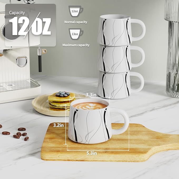 12 oz Coffee Mugs Set of 4, Modern Stackable Coffee Cups Set for Latte, Hot Tea, Cappuccino, Ceramic Coffee Mug Tea Cup, Dishwasher & Microwave Safe, Housewarming Wedding Present (White)