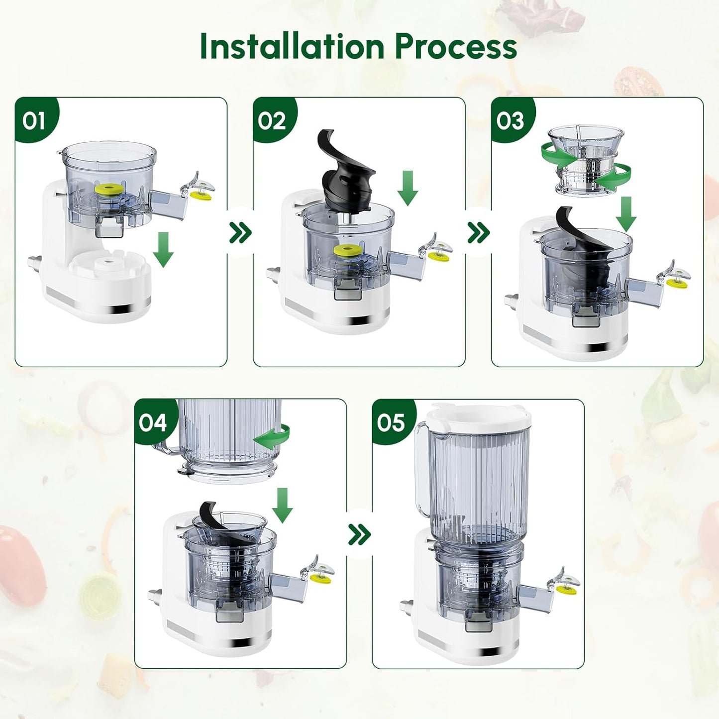 Masticating Juicer Attachment for KitchenAid Stand Mixer, Cold Press Slow Juicer with 4.9" Large Feed Chute for Whole Fruits & Vegetables, Includes 2*1L Measuring Cups for Kitchenaid Mixer Attachments