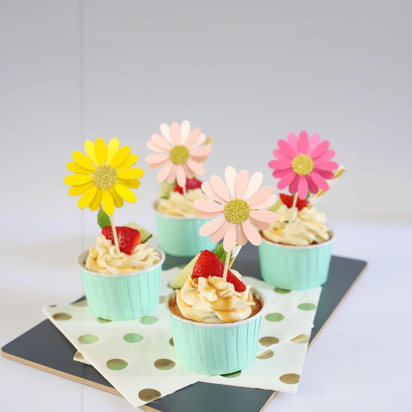 Ephlyn 24Pcs Daisy Cupcake Toppers Daisy Cake Decorations Chrysanthemum Cupcake Toppers Spring Daisy Flower Cake Picks for Birthday Wedding Supplies Multicolor 3