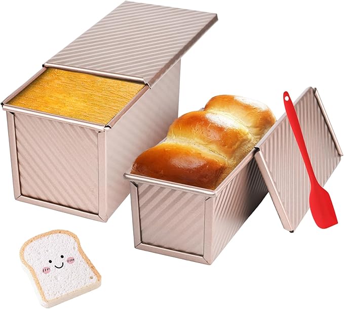 2 Pack Pullman Loaf Pan with Lid, 1 lb/0.5 lb Dough Capacity for Homemade Bread, Non-stick Corrugated Carbon Steel Bread Toast Box with Cover for Bakeware, Sandwich & Toast Oven Baking, Gold