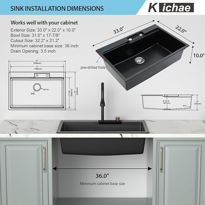 Kichae 33 Kitchen Sink Drop In Waterfall - 33"x22" Black Granite Quartz Composite Smart Single Bowl Waterfall Workstation with Pull Down Faucet Combo