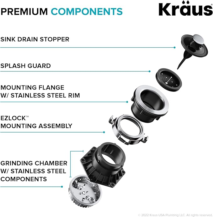 KRAUS WasteGuard 1 HP Ultra-Quiet Garbage Disposal with Quick Connect, Kitchen Sink Drain Cover, Power Cord and Flange Included, KWD100-100MBL