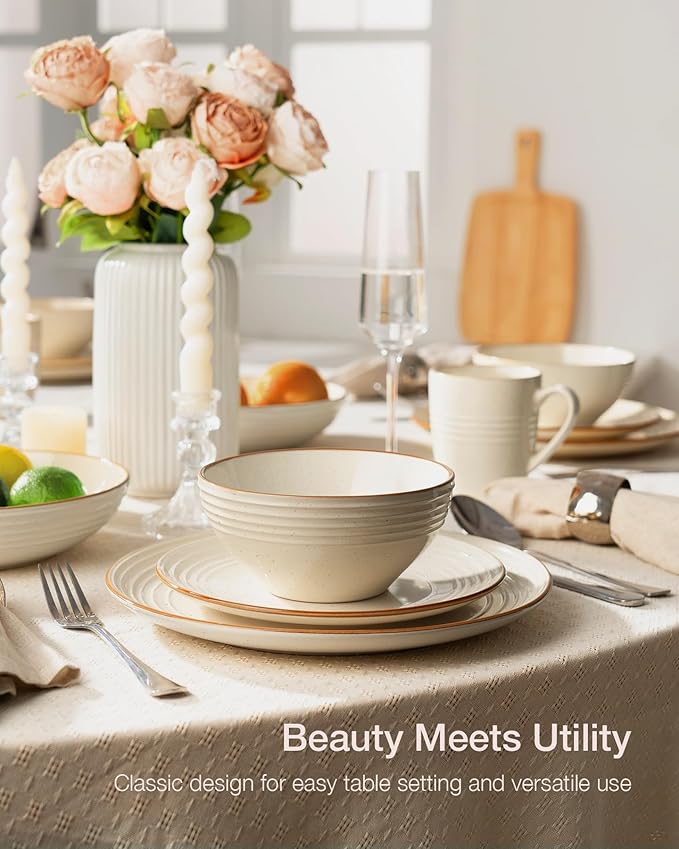 Famiware Jupiter Dinnerware Set, Plates and Bowls Dish Sets for 6 (18 Pieces), Microwave and Dishwasher Safe Stoneware Speckled Tableware, Chip and Scratch Resistant, Vanilla White