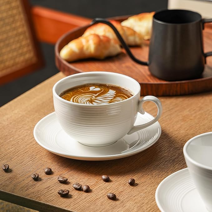 10 oz Cappuccino Cups with Saucers, Ceramic Espresso Coffee Cups Set of 4, White Latte Cup and Saucer, Elegant Tea Mugs Set, Microwave Dishwasher Safe Drinkware for Cafe, Housewarming Gift