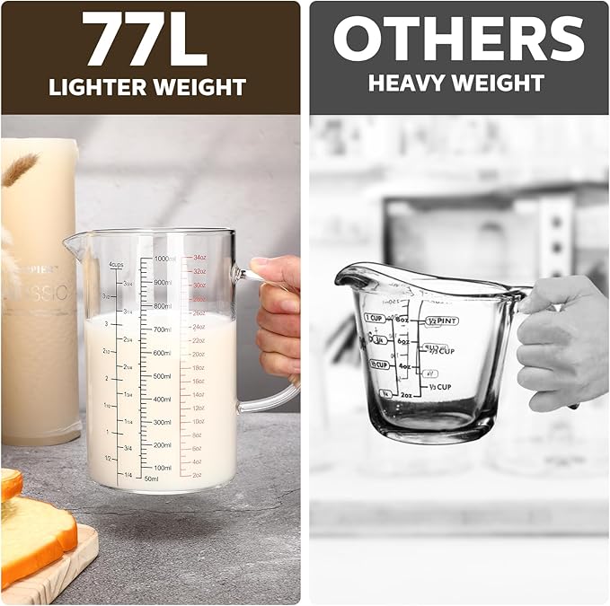 Lallisa 3 Pack High Borosilicate Glass Measuring Cups Set with Handle V Shaped Spout, 4, 2, 1 Cup 3 Scales (Oz, Cup, Ml) for Kitchen Restaurant Baking Cooking, Easy to Read, Clear(Black, Red Scale)