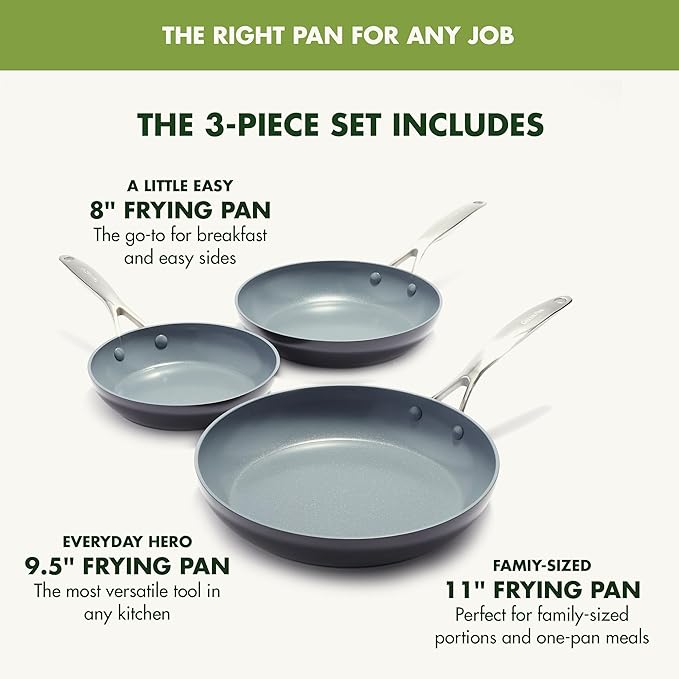 GreenPan Valencia Pro Hard Anodized 3 Piece Fry Pan Skillet Set, Ceramic Nonstick 8" 9.5" and 11" Induction Suitable Frying Pans, PFAS-Free Cookware, Dishwasher Safe, Oven and Broiler Safe, Gray
