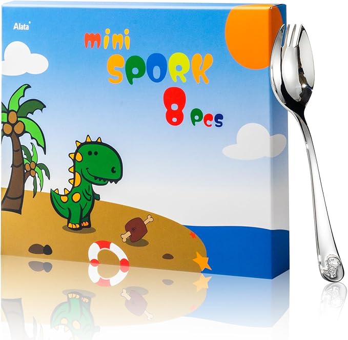 Alata Mini Sporks, 8-Pack Food-grade Stainless Steel Mini Sporks for Kids, 5.7 Inches Salad Forks For Dessert, Ice Cream, Salad, Soup, Noodle, Spaghetti, Dishwasher Safe