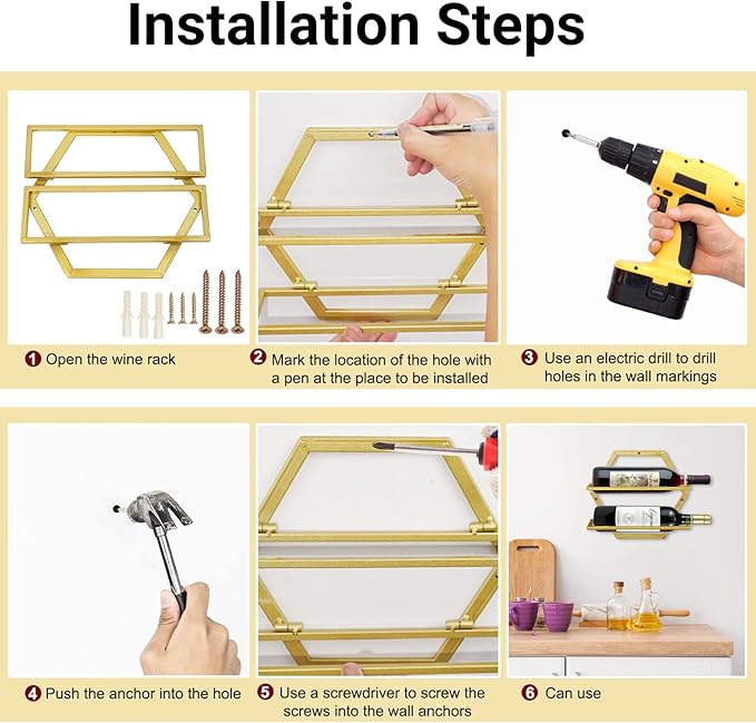 Wall Mounted Wine Bottle Rack, Gold Metal Hanging Wine Display Holder Organizer, Red Wine Racks for Home Kitchen Bar Decor Storage