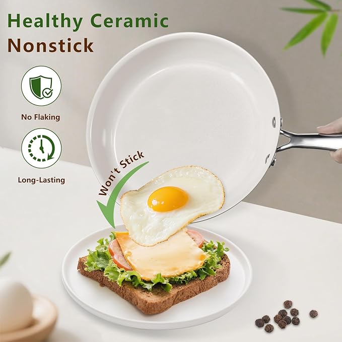 8 Inch Nonstick Ceramic Frying Pan, Tri-Ply Stainless Steel Skillet with Stay-Cool Handle, PFAS/PFOA/PTFE Free, No Seasoning Required, High Heat & Induction Safe, Dishwasher/Oven Safe