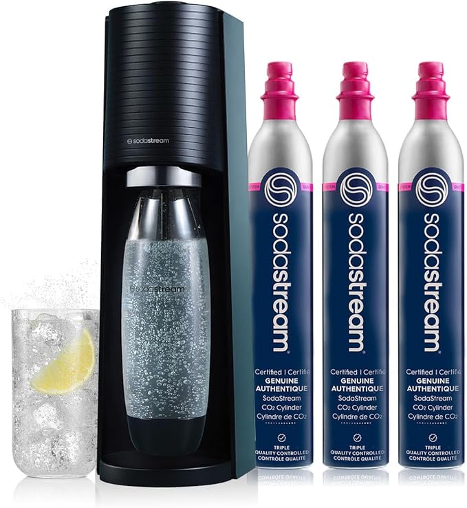 SodaStream Terra Sparkling Water Maker Bundle in Black - includes 3-Pack CO2 and Carbonating Bottle